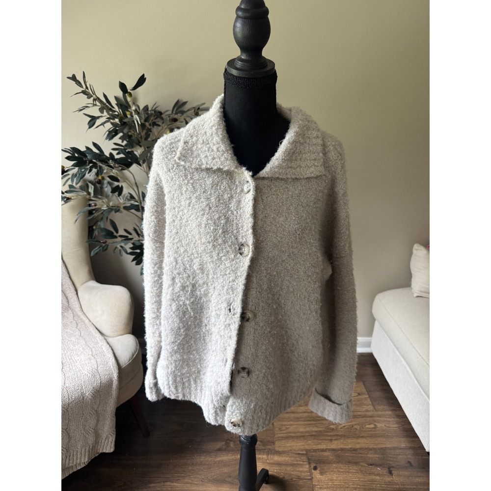 Rachel Zoe Oatmeal Beige Boucle Button Front Cardigan Sweater Medium